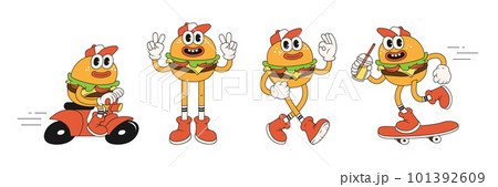 Burger retro cartoon fast food stickers. Comic character with happy smile face and other elements for burger bar, cafe, restaurant. Groovy funky vector illustration in trendy retro cartoon style. 101392609