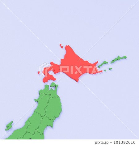 日本列島バードビュー　青い海に緑の大地　県境表示　赤いハイライト_[北海道] 101392610