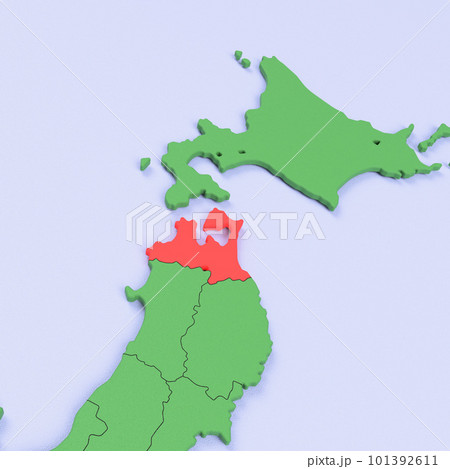 日本列島バードビュー　青い海に緑の大地　県境表示　赤いハイライト_[青森県] 101392611