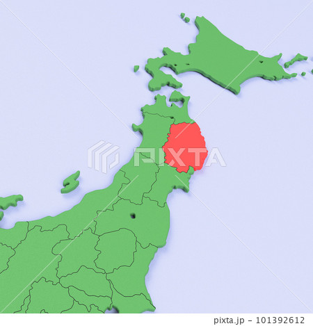 日本列島バードビュー　青い海に緑の大地　県境表示　赤いハイライト_[岩手県] 101392612