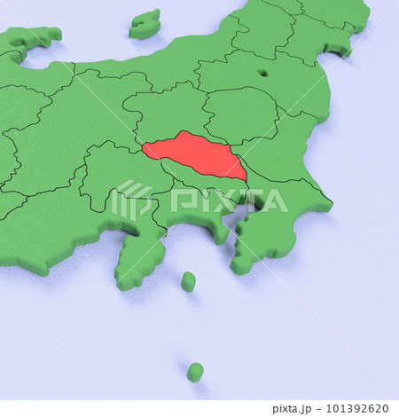 日本列島バードビュー　青い海に緑の大地　県境表示　赤いハイライト_[埼玉県] 101392620