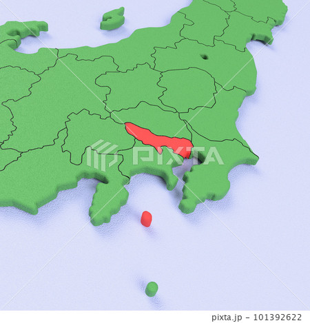 日本列島バードビュー　青い海に緑の大地　県境表示　赤いハイライト_[東京都] 101392622