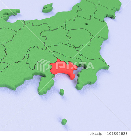 日本列島バードビュー　青い海に緑の大地　県境表示　赤いハイライト_[神奈川県] 101392623