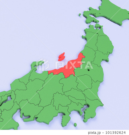 日本列島バードビュー　青い海に緑の大地　県境表示　赤いハイライト_[新潟県] 101392624