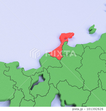 日本列島バードビュー　青い海に緑の大地　県境表示　赤いハイライト_[石川県] 101392626