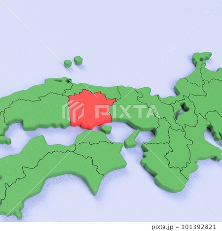 日本列島バードビュー　青い海に緑の大地　県境表示　赤いハイライト_[岡山県] 101392821