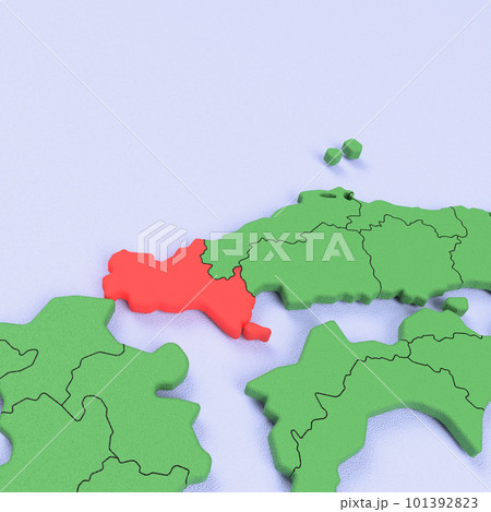 日本列島バードビュー　青い海に緑の大地　県境表示　赤いハイライト_[山口県] 101392823