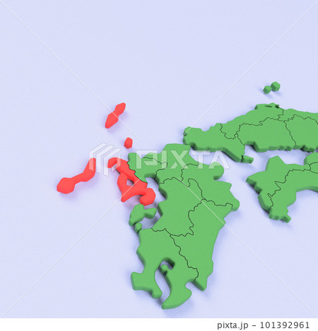 日本列島バードビュー　青い海に緑の大地　県境表示　赤いハイライト_[長崎県] 101392961