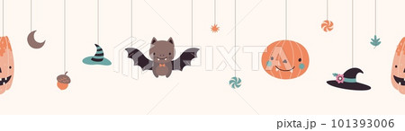 Autumn halloween seamless pattern with cute cartoon bat, pumpkin and witch hats. Decorative spooky design, vector creepy funny banner template Autumn halloween seamless pattern with cute cartoon bat, pumpkin and witch hats. Decorative spooky design, vector creepy funny banner template 101393006