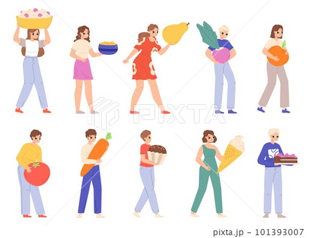 Giant healthy food, people carry fruits, vegetable and sweets. Breakfast and lunch, fresh snacks. Tiny person and giant meals snugly vector set Giant healthy food, people carry fruits, vegetable and sweets. Breakfast and lunch, fresh snacks. Tiny person and giant meals snugly vector set 101393007