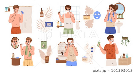 Male facial care, morning daily routine. Men shaving, clean face in bathroom. Skincare cosmetics, young guy beauty process snugly vector set 101393012