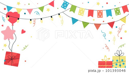 Party garlands banner, kids carnaval welcome poster. Fiesta festive flags bunting, confetti and gift on balloons. Decent anniversary, birthday vector background Party garlands banner, kids carnaval welcome poster. Fiesta festive flags bunting, confetti and gift on balloons. Decent anniversary, birthday vector background 101393046