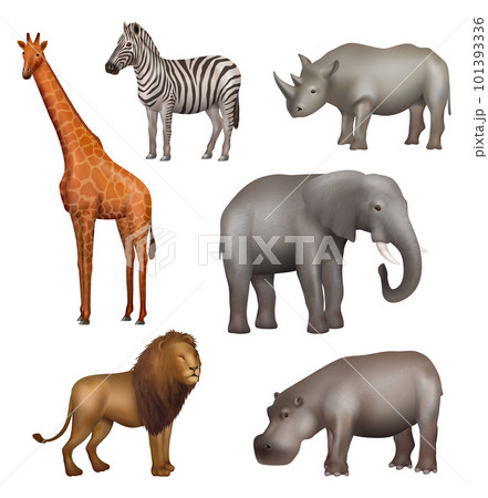 African animals. Hippopotamus zebra elephant lion wild realistic animals decent vector pictures set 101393336