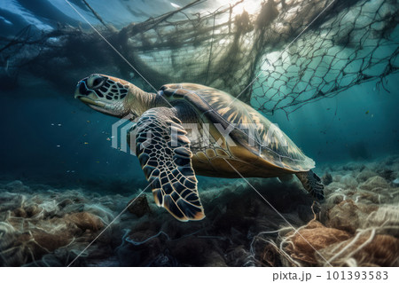A sea turtle gracefully navigates the ocean floor, surrounded by aquatic plants and creatures. The image is a reminder of the beauty and fragility of the natural world. AI Generative. A sea turtle gracefully navigates the ocean floor, surrounded by aquatic plants and creatures. The image is a reminder of the beauty and fragility of the natural world. AI Generative. 101393583