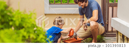 Father and son gardening in the garden near the house BANNER, LONG FORMAT 101393813