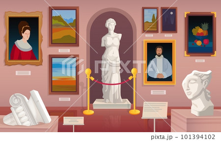 Museum statue. Sculpture anthropology exhibition and paintings on wall inside ancient castle or gallery hall, ancient old palace interior, cartoon ingenious vector illustration Museum statue. Sculpture anthropology exhibition and paintings on wall inside ancient castle or gallery hall, ancient old palace interior, cartoon ingenious vector illustration 101394102