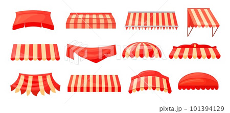 Store canopies. Red storefront canopy or striped awnings outdoor shop, sunshade sheltered market rain tent for roof restaurant window umbrella summer cafe, neat vector illustration 101394129
