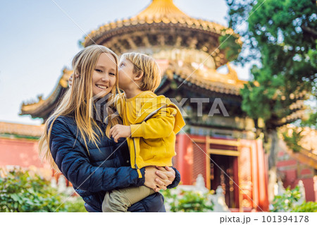Enjoying vacation in China. Mom and son in Forbidden City. Travel to China with kids concept. Visa free transit 72 hours, 144 hours in China 101394178
