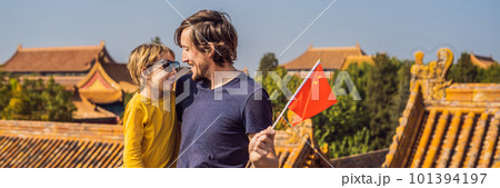 Enjoying vacation in China. Happy family with national chinese flag in Forbidden City. Travel to China with kids concept. Visa free transit 72 hours, 144 hours in China BANNER, LONG FORMAT 101394197