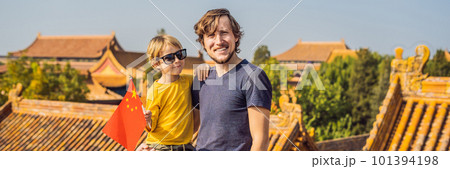 Enjoying vacation in China. Happy family with national chinese flag in Forbidden City. Travel to China with kids concept. Visa free transit 72 hours, 144 hours in China BANNER, LONG FORMAT 101394198
