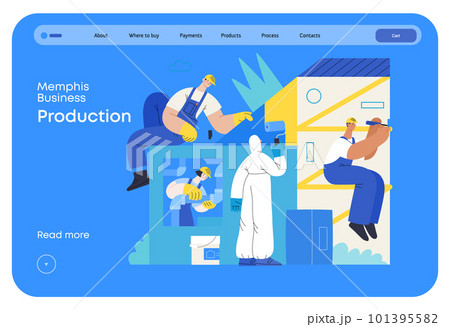 Memphis business illustration. Collaboration -modern flat vector concept illustration, team, people constructing a building together, painting, assembling, mounting. Corporate teamwork metaphor. 101395582