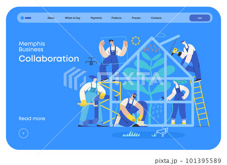 Memphis business illustration. Collaboration -modern flat vector concept illustration, team, people working together in greenhouse, constructing, watering, planting. Corporate teamwork metaphor. 101395589