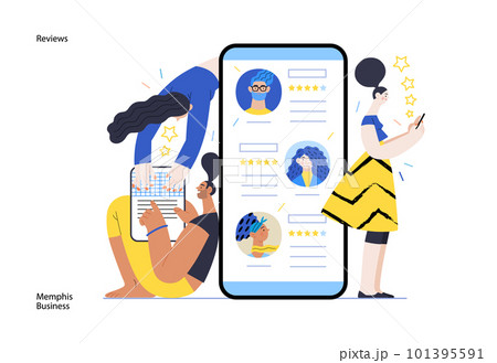 Memphis business illustration. Reviews -modern flat vector concept illustration of people rating articles and writing reviews. Corporate business reputation metaphor. 101395591