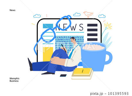 Memphis business illustration. News -modern flat vector concept illustration of a man reading news on various medium and tablet screen, glasses, coffee. Corporate business morning news metaphor. Memphis business illustration. News -modern flat vector concept illustration of a man reading news on various medium and tablet screen, glasses, coffee. Corporate business morning news metaphor. 101395593