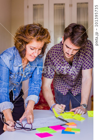 Corporate training interview with a young hispanic entrepreneur with the leadership woman mentor. Business coach communication for recruitment Corporate training interview with a young hispanic entrepreneur with the leadership woman mentor. Business coach communication for recruitment 101395735