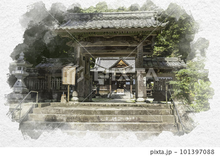 水彩画風　岩国　白山比咩神社　神門　山口県岩国市 101397088