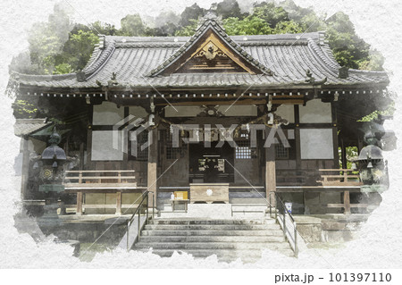 水彩画風　岩国　白山比咩神社　拝殿　山口県岩国市 101397110