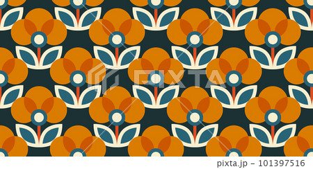 Seamless retro floral pattern. Vintage stylized flowers background in 60s, 70s, 80s style. Nostalgic regular repeating wallpaper. Fabric and textile swatch design. Vector texture and illustration 101397516