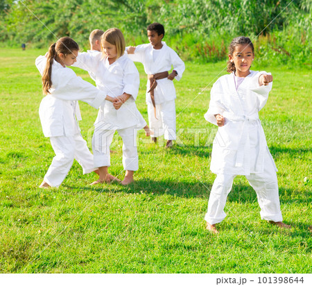 Afro american preteen schoolgirl training karate in park Afro american preteen schoolgirl training karate in park 101398644