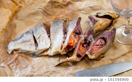 Tasty and salty dried bream nicely served as good snack 101398900