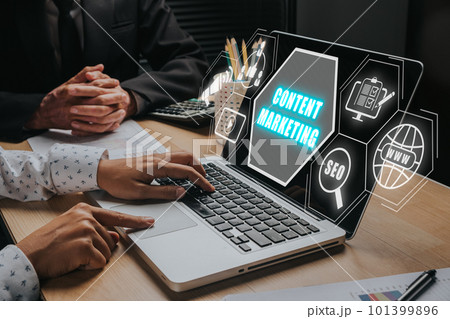 Content Marketing comcept, Business team working on laptop computer with content marketing icon on virtual screen. Content Marketing comcept, Business team working on laptop computer with content marketing icon on virtual screen. 101399896