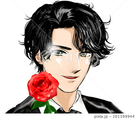 黒髪パーマのイケメン男性が微笑み薔薇を片手に悩殺する少女漫画イラスト 101399944