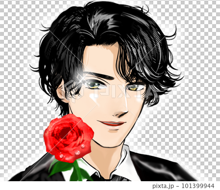黒髪パーマのイケメン男性が微笑み薔薇を片手に悩殺する少女漫画イラスト 101399944