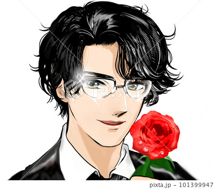 黒髪パーマのイケメン眼鏡男性が微笑み薔薇を片手に悩殺する少女漫画イラスト 黒髪パーマのイケメン眼鏡男性が微笑み薔薇を片手に悩殺する少女漫画イラスト 101399947