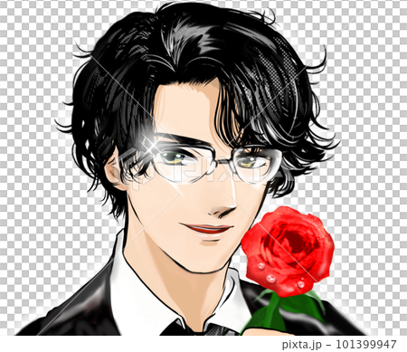 黒髪パーマのイケメン眼鏡男性が微笑み薔薇を片手に悩殺する少女漫画イラスト 黒髪パーマのイケメン眼鏡男性が微笑み薔薇を片手に悩殺する少女漫画イラスト 101399947