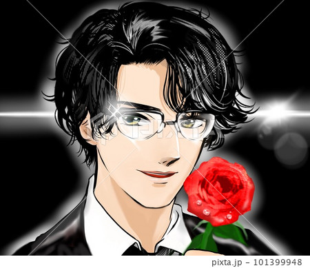黒髪パーマのイケメン眼鏡男性が微笑み薔薇を片手に悩殺する少女漫画イラストと黒背景 黒髪パーマのイケメン眼鏡男性が微笑み薔薇を片手に悩殺する少女漫画イラストと黒背景 101399948