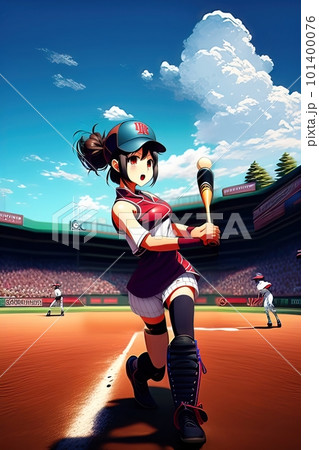 Anime style illustration of young girl holding baseball bat on white background. 101400076