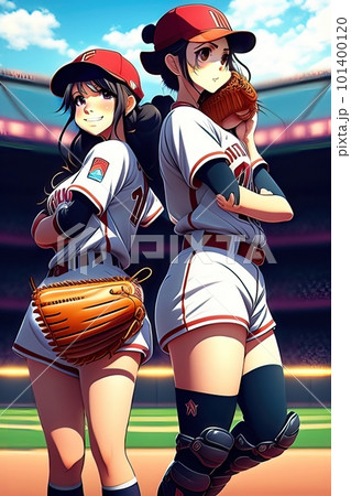Anime style illustration of young girl holding baseball bat on white background. Anime style illustration of young girl holding baseball bat on white background. 101400120