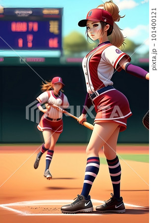 Anime style illustration of young girl holding baseball bat on white background. 101400121
