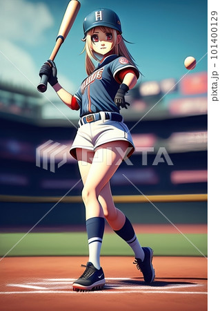 Anime style illustration of young girl holding baseball bat on white background. Anime style illustration of young girl holding baseball bat on white background. 101400129