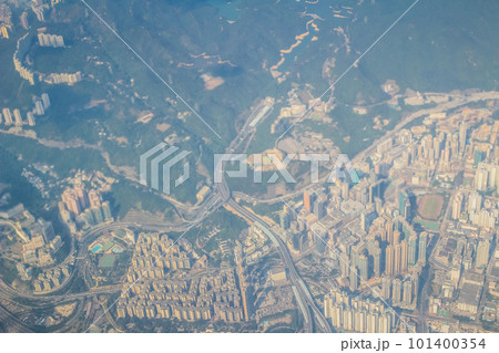 29 Oct 2013 hong kong skyline, view from a flying airplane. 101400354