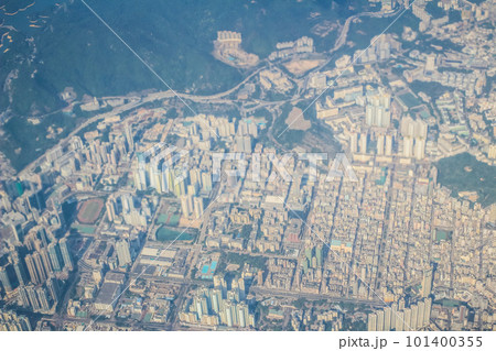 29 Oct 2013 hong kong skyline, view from a flying airplane. 101400355