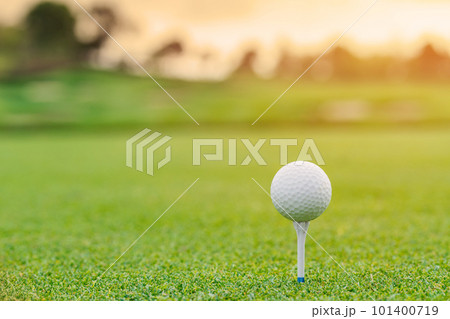 Golf ball on tee ready to be shot at golfcourt Golf ball on tee ready to be shot at golfcourt 101400719
