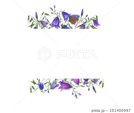 Watercolor frame of wildflowers and butterfly isolated on white background. Illustration of campanula, oats for postcard design, different invitation template, wedding, birthday, mother day cards 101400997