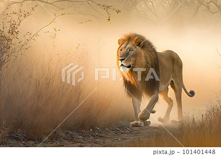 Single lion looking regal standing proudly on a small hill. Neural network AI generated art 101401448