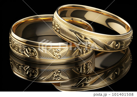 Original gold wedding rings on a dark background. Neural network AI generated art 101401508